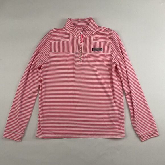 Vineyard Vines Kids Sankaty Shep Shirt Pink White Striped 1/4 Zip Pullover L 14 - Picture 2 of 11
